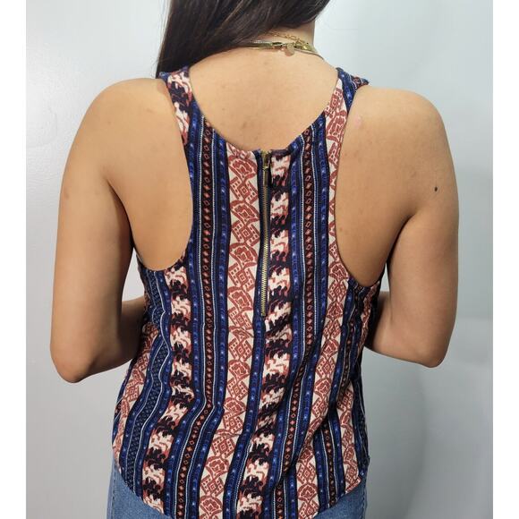 Forever 21 Sleeveless Tank Top Blue Red Printed Ikat Striped Boho Festival Small - Picture 2 of 4
